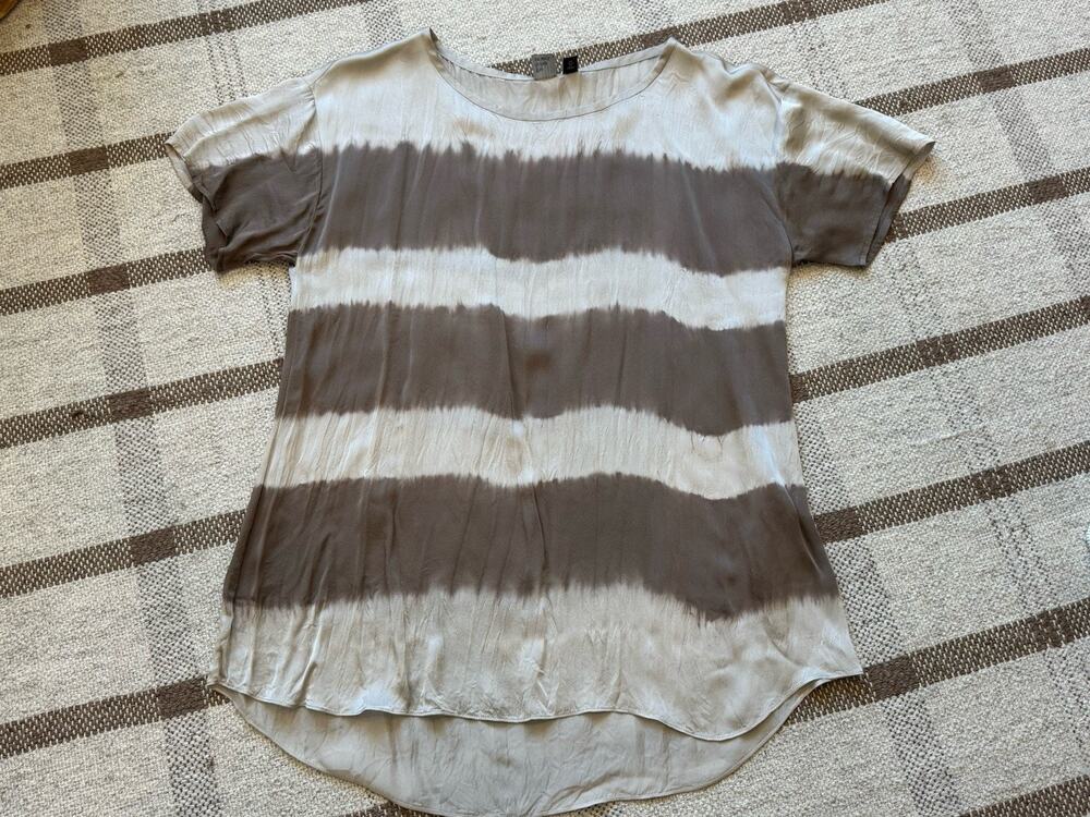 Eileen Fisher 100% Silk Shibori Tye Dye Short Sleeve Shirt Medium Tan Brown